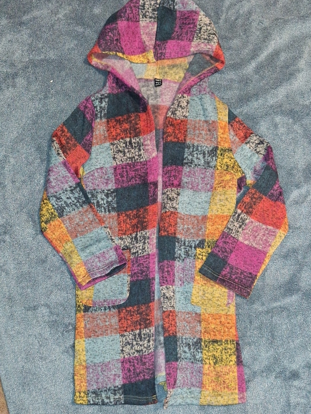 SHEIN Colorful Plaid Hooded Long Cardigan